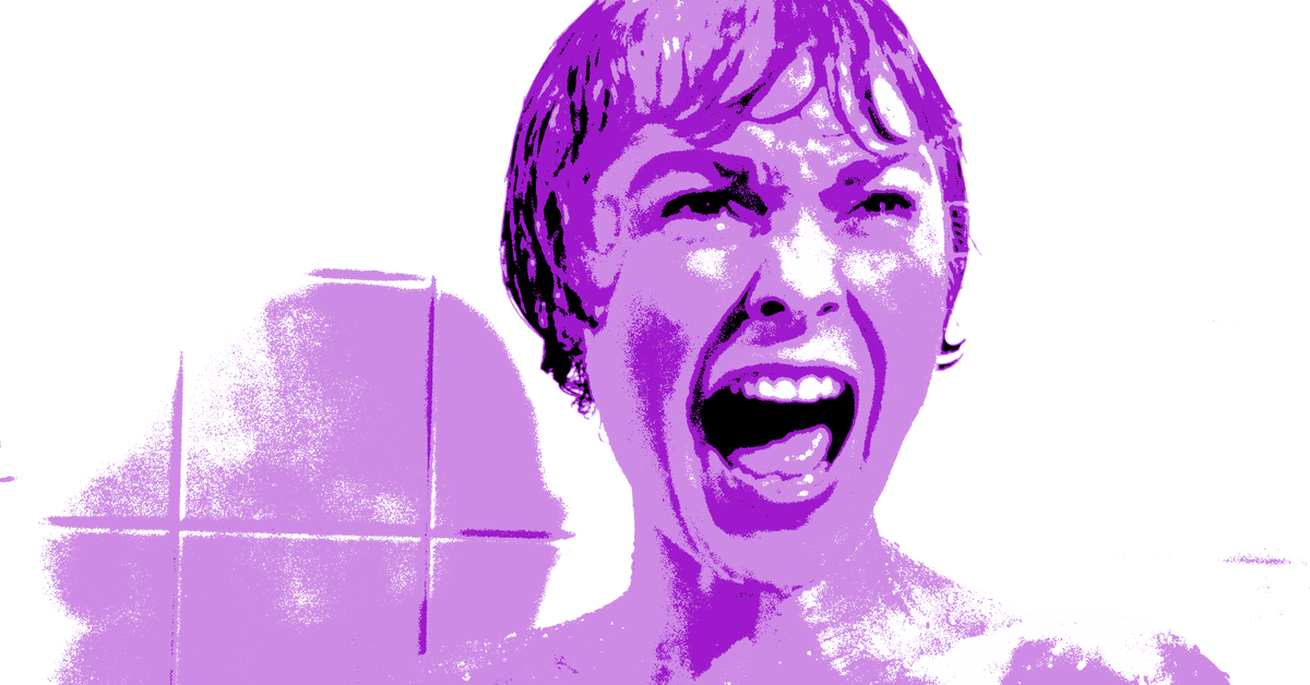 The iconic scene of Janet Leigh in Hitchcock's "Psycho" just as she is attacked in the shower, but tinted purple